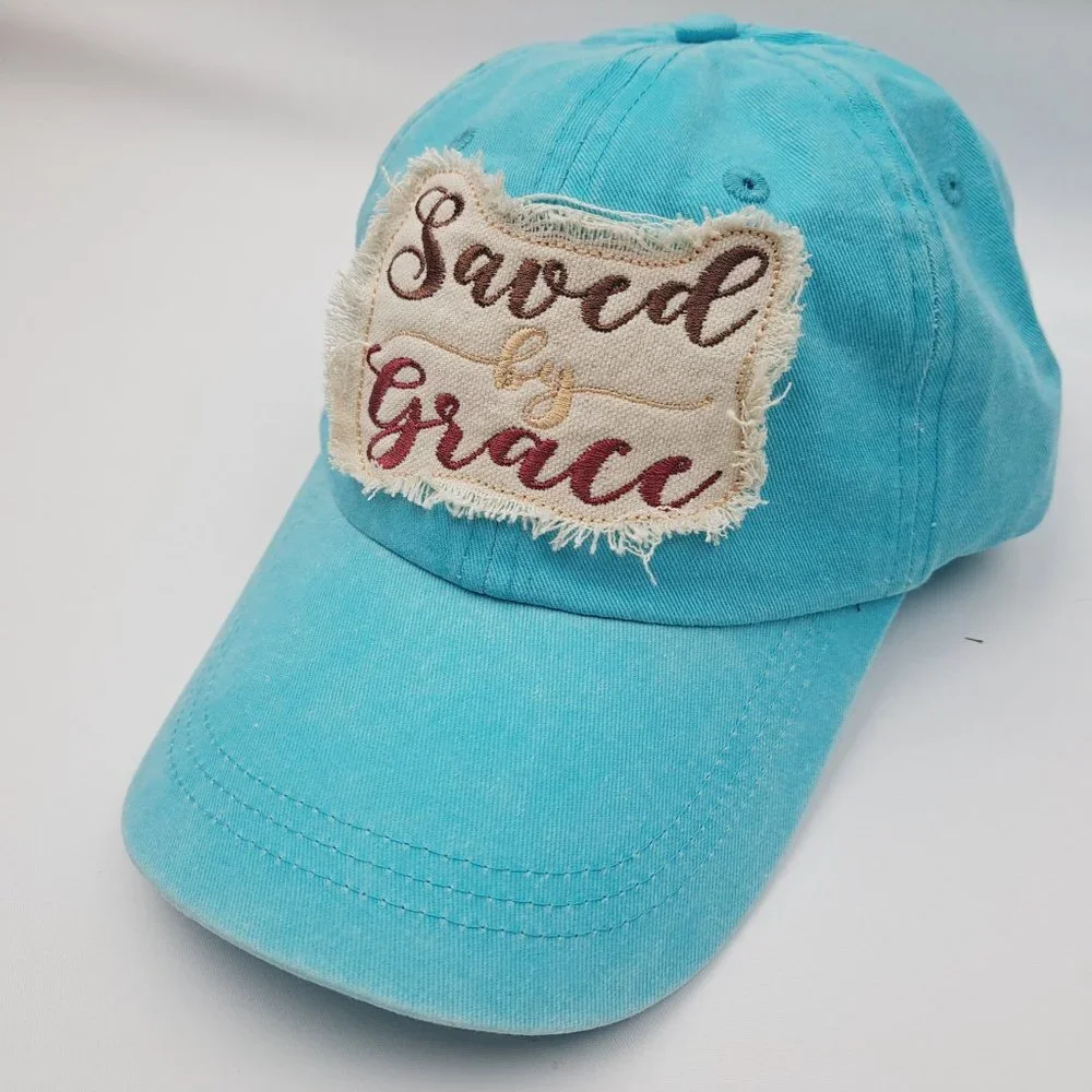 Saved by Grace Women's Hat Cap Religious Cotton Pink Embroidered Ragged Patch